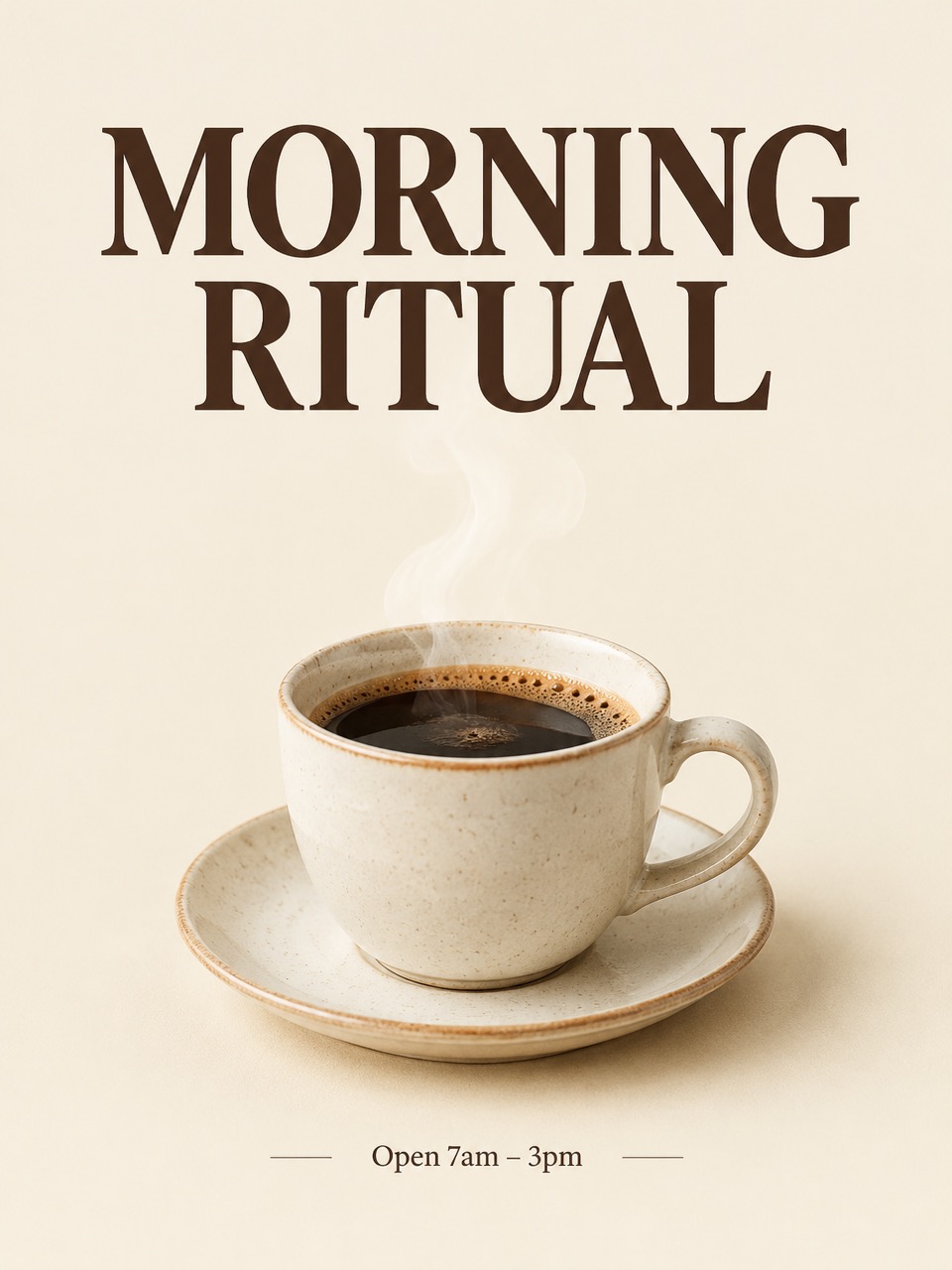 GPT Image 2: A minimalist poster for a coffee shop called "MORNING RITUAL": a ceramic cup with steam on a cream background, bold serif headline at the top, small text "Open 7am – 3pm" at the bottom.