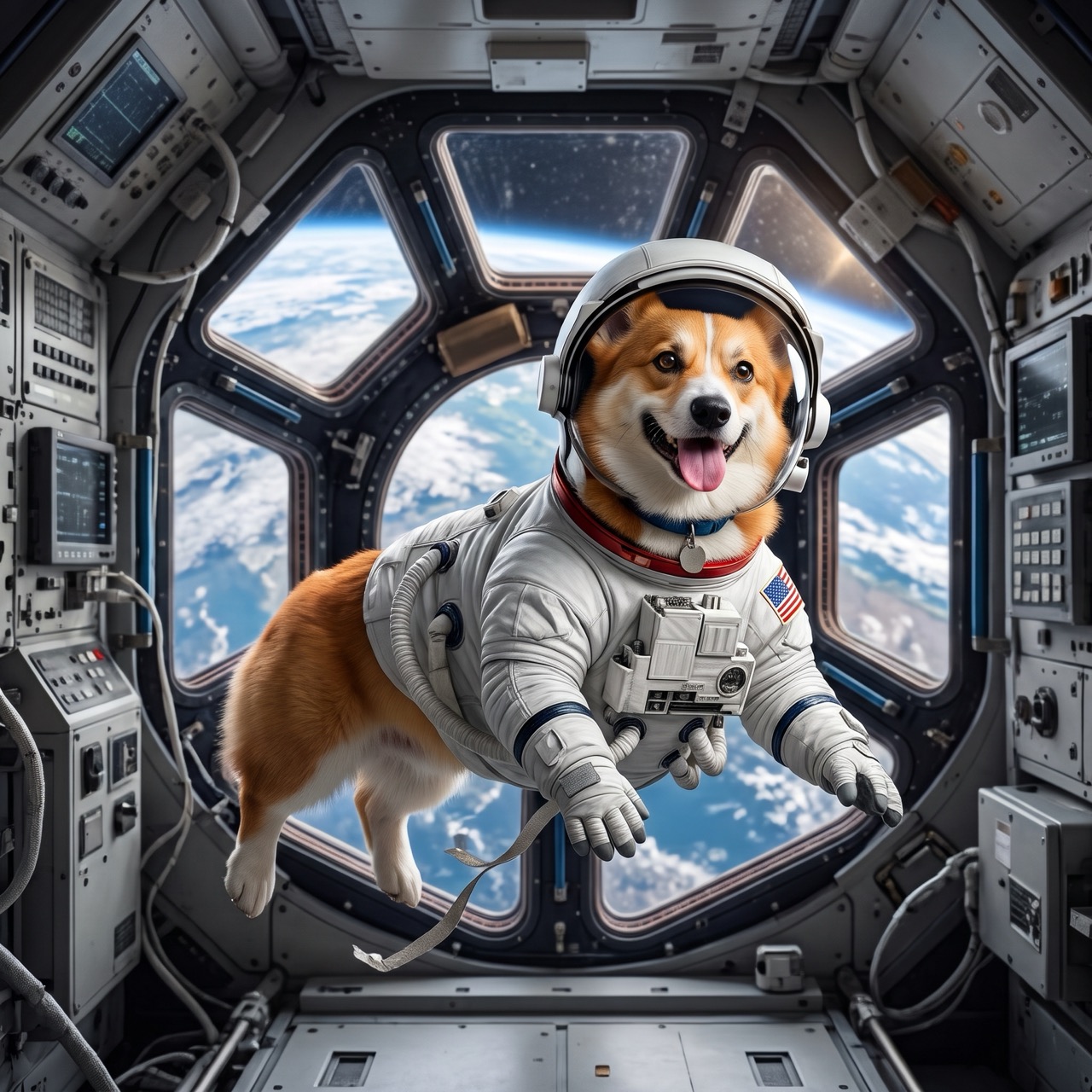 Nano Banana 2: Put the dog from Image 1 in the astronaut suit from Image 2, floating inside a space station, Earth in the window. Keep the dog's face and fur color.