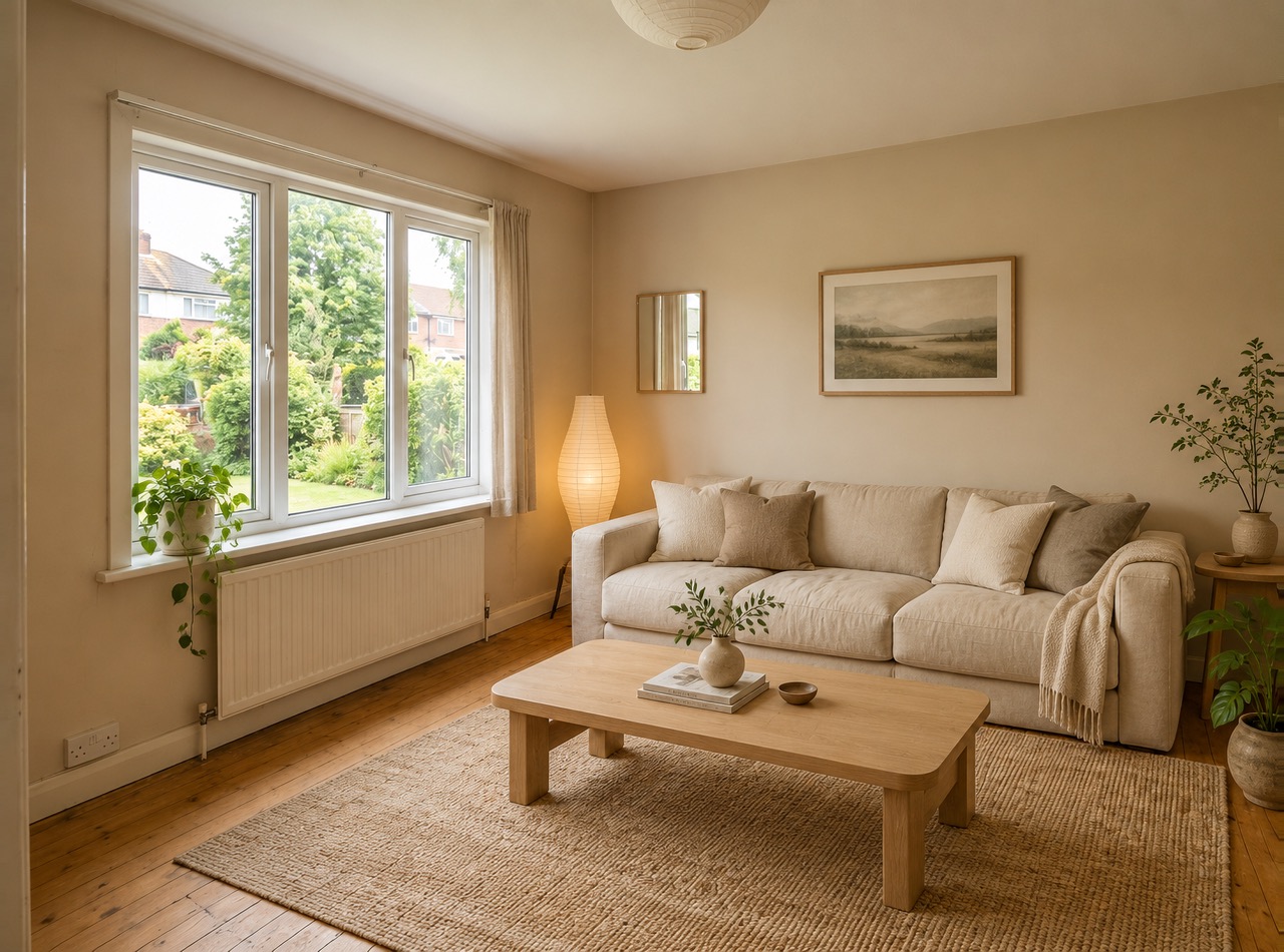 GPT Image 2: Restyle this living room in a warm Japandi style: light oak, linen sofa, paper lamp, a few plants. Keep the windows, walls and layout.