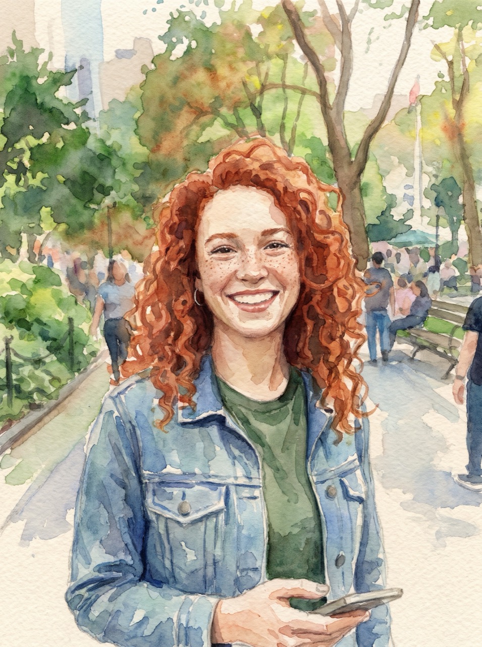 Nano Banana Pro: Turn this photo into a loose watercolor illustration on textured paper. Keep her face, hair and pose recognizable.