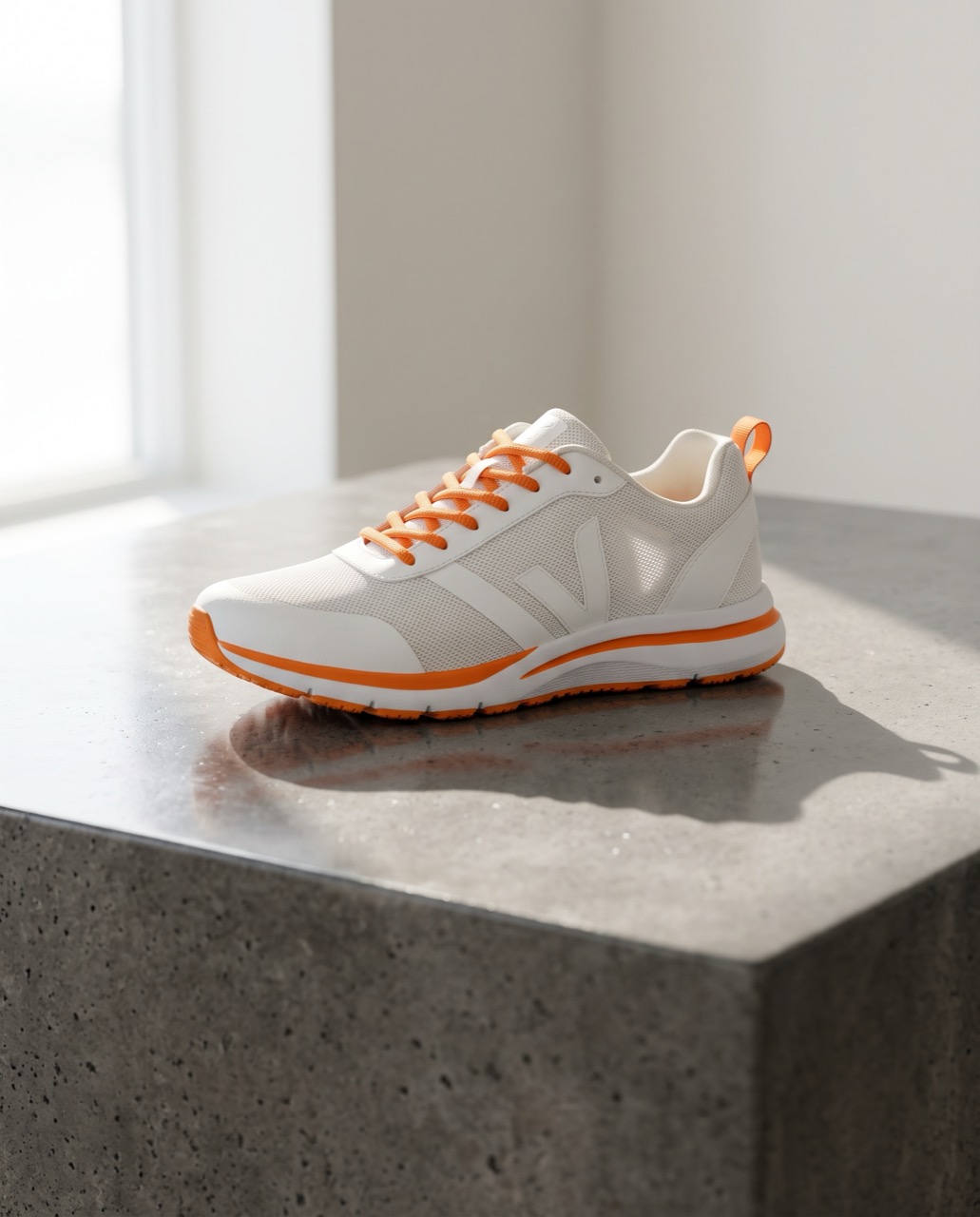 Nano Banana 2: Place this sneaker on a polished concrete plinth in a bright studio with soft window light and a long shadow. Keep the shoe's shape, colors and logo exactly the same.