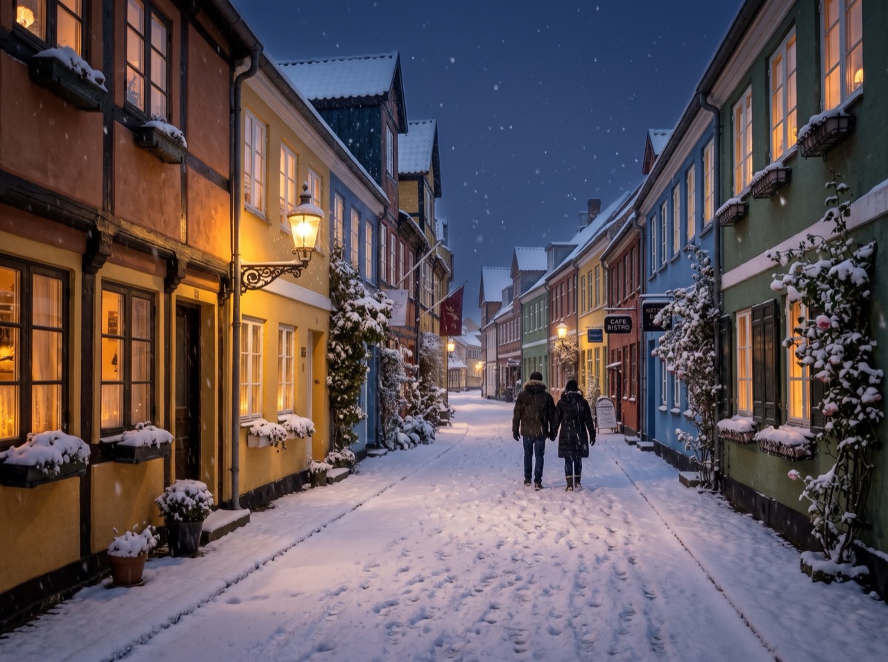 Nano Banana 2: Make it a snowy winter night: snow on the roofs and street, warm light in the windows, falling snow. Keep the buildings and the camera angle.